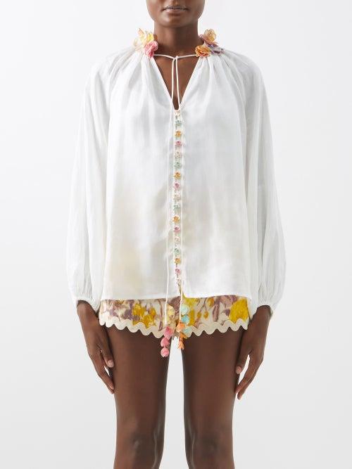 Zimmermann - High Tide Floral-appliqu Ramie Blouse - Womens - Ivory Multi