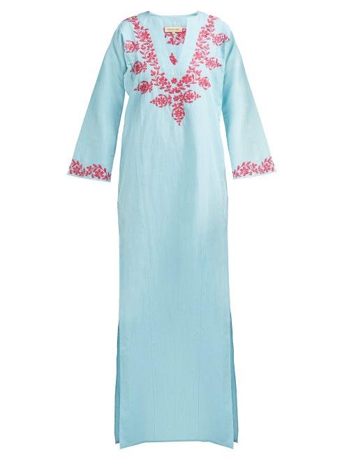 Matchesfashion.com Muzungu Sisters - Lotus Floral-embroidered Cotton-blend Kaftan - Womens - Blue Multi