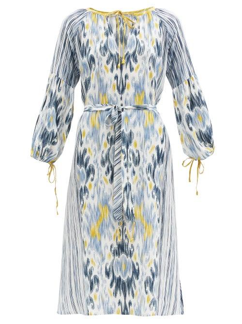 Matchesfashion.com D'ascoli - Amina Belted Ikat-print Silk-crepe Dress - Womens - Blue Multi