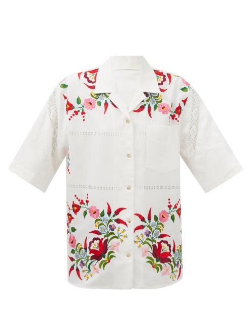 Marine Serre - Upcycled Embroidered-cotton Bowling Shirt - Womens - White Multi