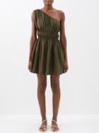Matteau - One-shoulder Shirred Organic-cotton Mini Dress - Womens - Olive