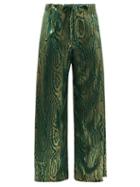Matchesfashion.com Halpern - Abstract-print Silk-satin Wide-leg Trousers - Womens - Green Gold