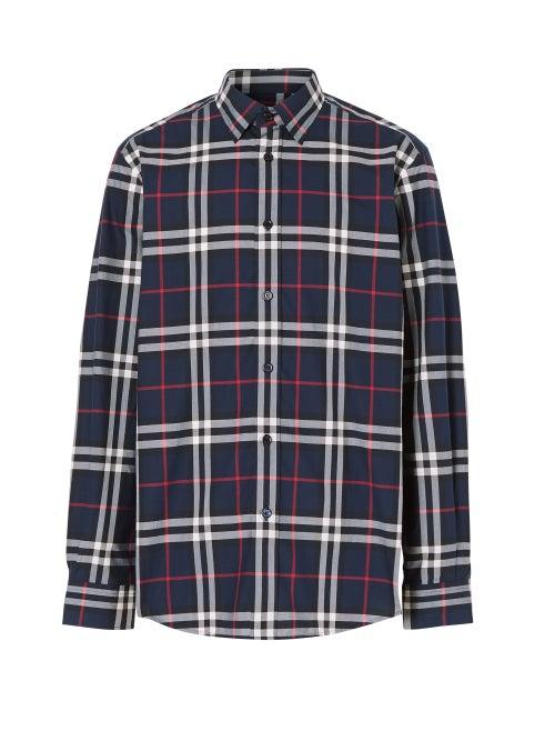Mens Rtw Burberry - Caxton Check Cotton Shirt - Mens - Navy