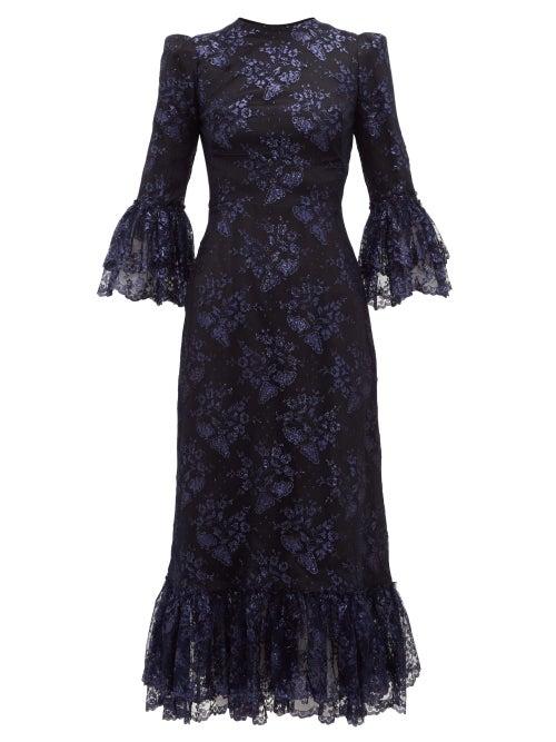 Matchesfashion.com The Vampire's Wife - The Wild Flower Metallic Floral Lace Midi Dress - Womens - Black Navy