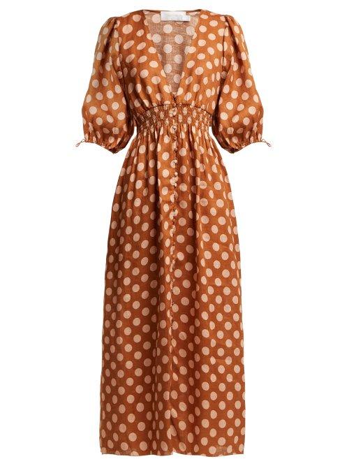 Matchesfashion.com Zimmermann - Primrose Shirred Polka Dot Linen Dress - Womens - Tan Print