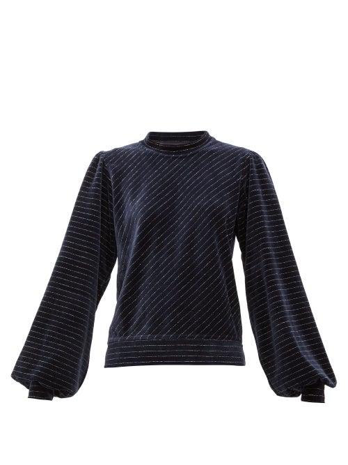 Matchesfashion.com Ganni - Metallic-stripe Cotton-blend Velour Top - Womens - Navy