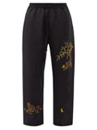 Harago - Langur Embroidered Linen Trousers - Mens - Black Multi