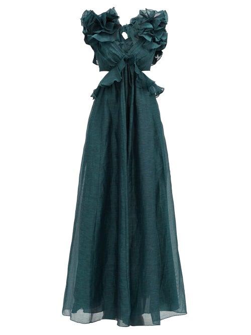 Matchesfashion.com Zimmermann - Ladybeetle Ruffled Linen-blend Dress - Womens - Dark Blue