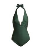 Matchesfashion.com Heidi Klein - Polynesia V Bar Ribbed Swimsuit - Womens - Dark Green