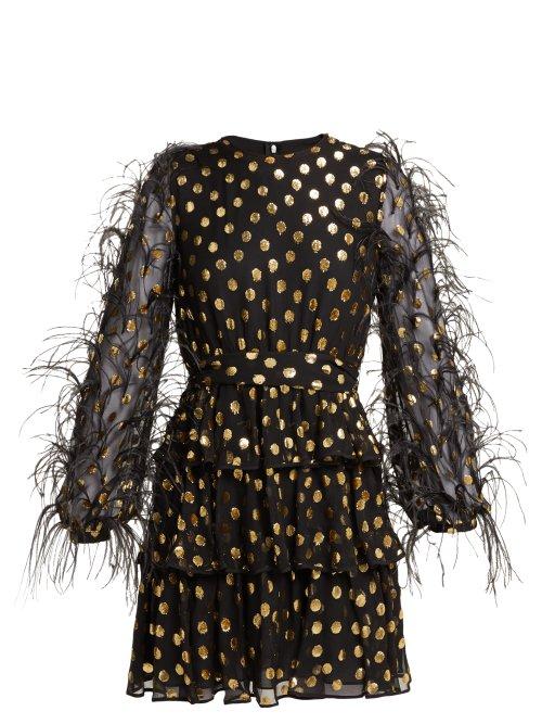 Matchesfashion.com Valentino - Feather Trim Fil Coup Silk Blend Mini Dress - Womens - Black Gold