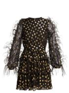 Matchesfashion.com Valentino - Feather Trim Fil Coup Silk Blend Mini Dress - Womens - Black Gold
