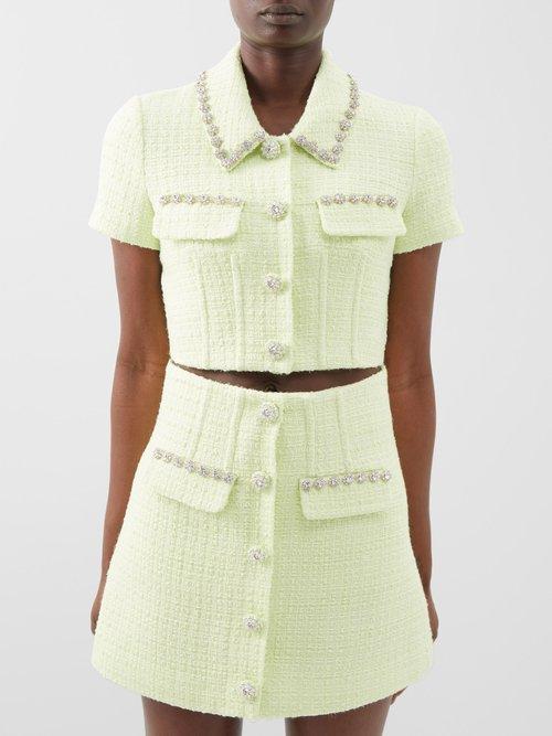Self-portrait - Crystal-embellished Boucl-tweed Cropped Top - Womens - Lime Green