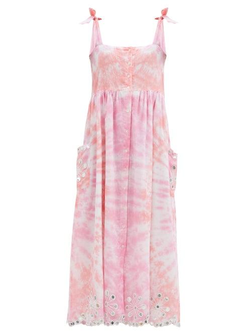 Matchesfashion.com Juliet Dunn - Floral-embroidered Tie-dyed Cotton Midi Dress - Womens - Pink White