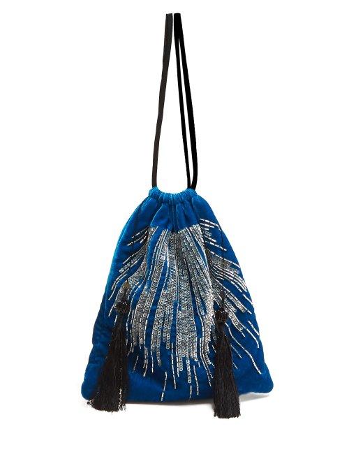 Matchesfashion.com Attico - Sequin And Bead Embroidered Velvet Bag - Womens - Blue