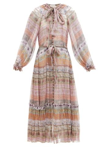 Matchesfashion.com Zimmermann - Luminous Floral-print Striped Silk-chiffon Dress - Womens - Multi Stripe
