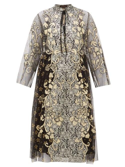 Matchesfashion.com Biyan - Laras Mosaic Floral Embroidered Tulle Midi Dress - Womens - Black