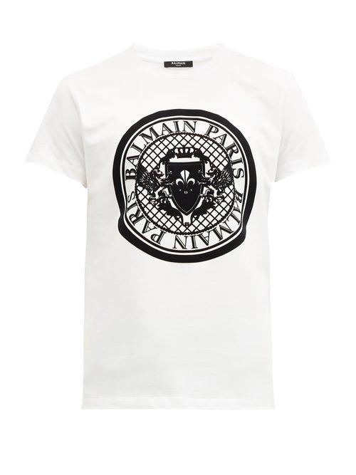 Matchesfashion.com Balmain - Flocked Crest-logo Cotton-jersey T-shirt - Mens - White
