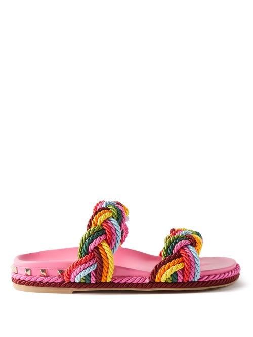 Valentino Garavani - Rockstud Braided-strap Leather Slides - Womens - Pink Multi
