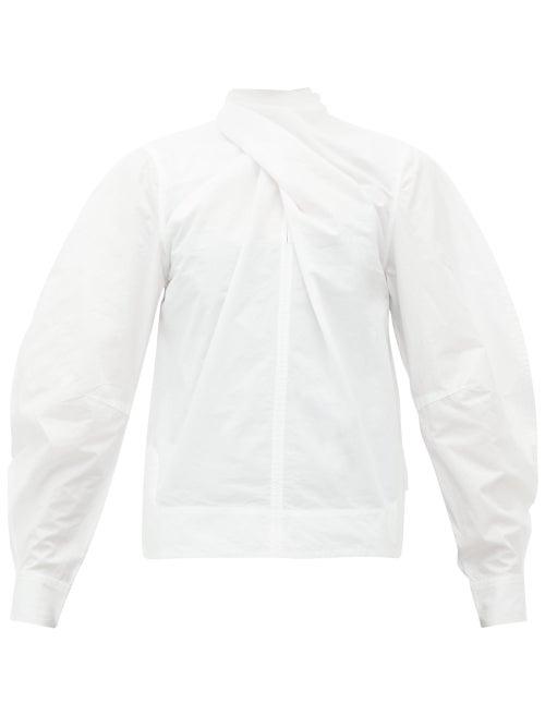 Matchesfashion.com Ganni - Twist-neck Cotton-poplin Blouse - Womens - White