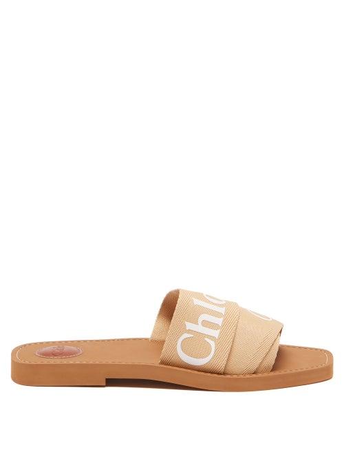 Chlo - Woody Canvas And Leather Slides - Womens - Beige Multi