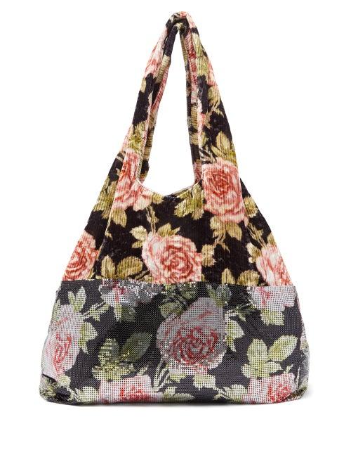 Matchesfashion.com Paco Rabanne - Rose Print Velvet And Chainmail Tote Bag - Womens - Black Multi