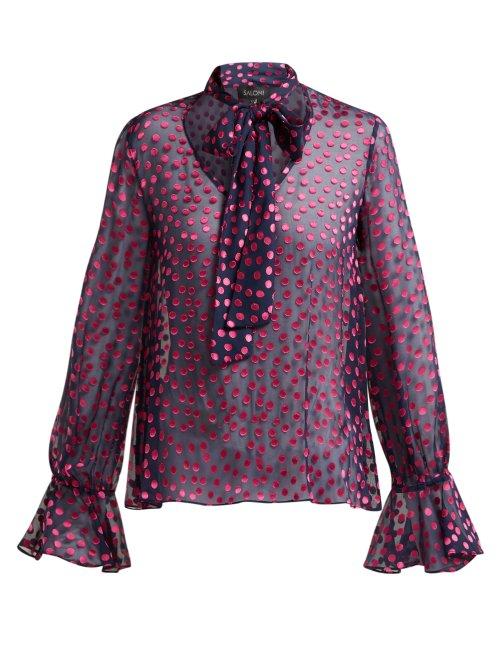 Matchesfashion.com Saloni - Lauren Devor Silk Blend Blouse - Womens - Navy Multi
