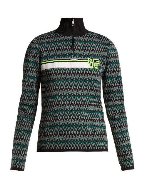 Matchesfashion.com Prada - Geometric Intarsia Knit Half Zip Sweater - Womens - Blue Multi