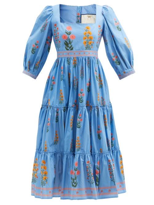 Matchesfashion.com Agua By Agua Bendita - Miel Tiered Floral-print Cotton Midi Dress - Womens - Blue Multi