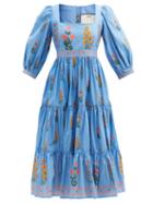 Matchesfashion.com Agua By Agua Bendita - Miel Tiered Floral-print Cotton Midi Dress - Womens - Blue Multi