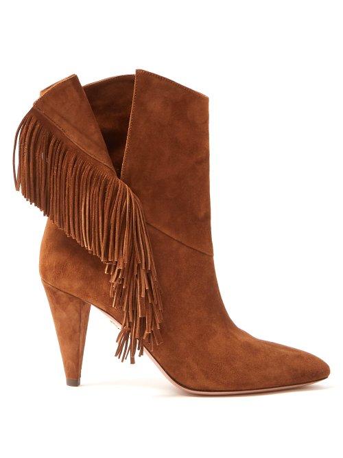 Matchesfashion.com Aquazzura - Apache 85 Fringed Suede Ankle Boots - Womens - Tan