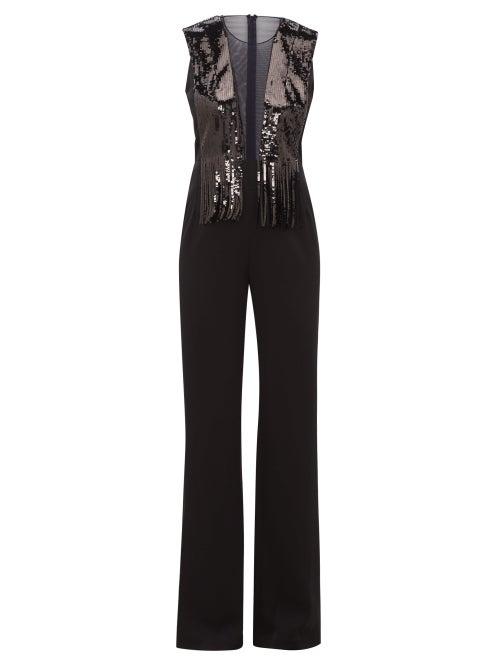 Matchesfashion.com Galvan - Lena Sequin, Mesh And Satin Wide Leg Jumpsuit - Womens - Black