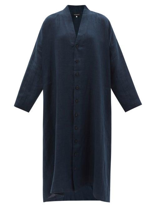 Eskandar - V-neck Linen-voile Shirt Dress - Womens - Navy