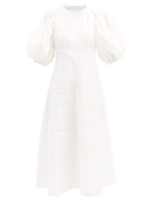 Matchesfashion.com Zimmermann - Puffed-sleeve Linen Midi Dress - Womens - White