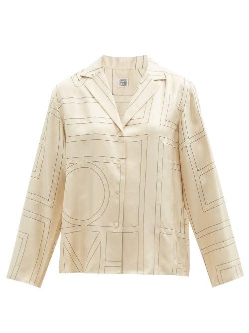 Ladies Rtw Totme - Monogram-embroidered Silk-twill Pyjama Top - Womens - Cream