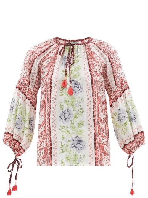 Ladies Beachwear D'ascoli - Alina Cross-stitch Print Silk Blouse - Womens - Red