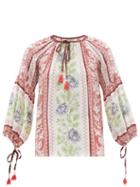 Ladies Beachwear D'ascoli - Alina Cross-stitch Print Silk Blouse - Womens - Red