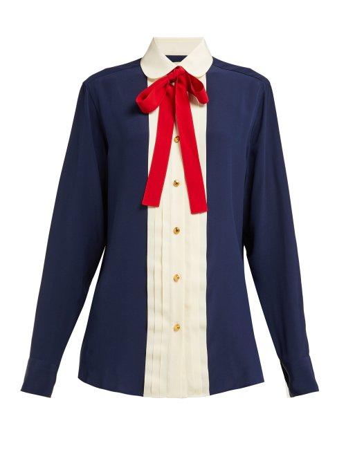 Matchesfashion.com Gucci - Neck Tie Silk Georgette Blouse - Womens - Navy Multi