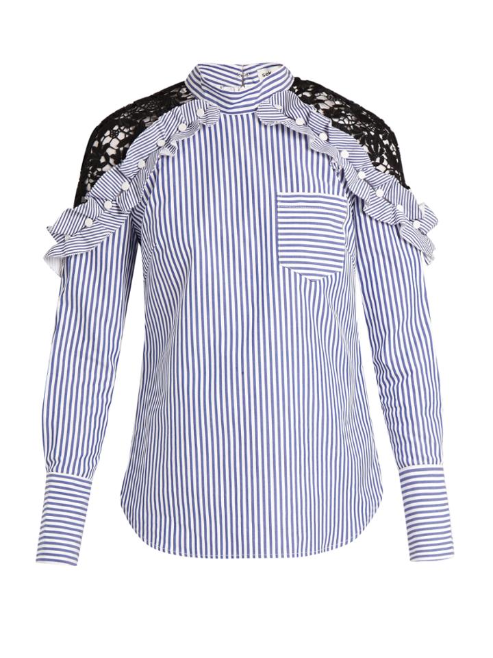 Self-portrait Lace-shoulder Striped Cotton Top