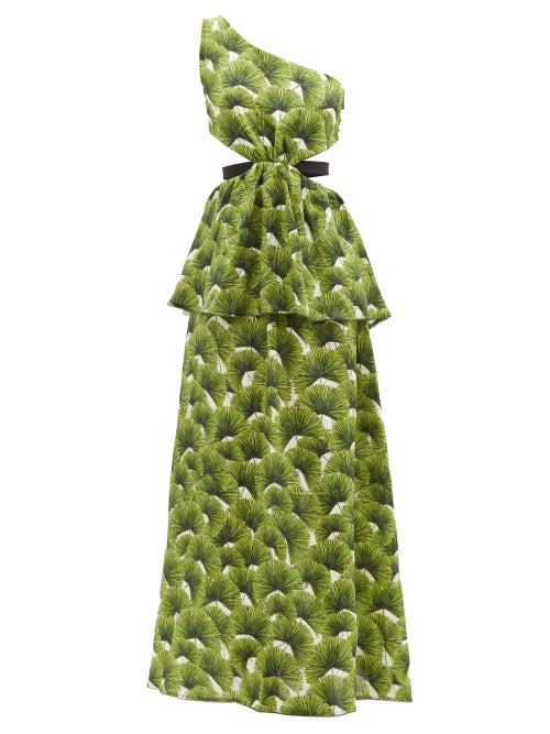 Agua By Agua Bendita - Nogal Palma-print Peplum-waist Linen Dress - Womens - Green Print