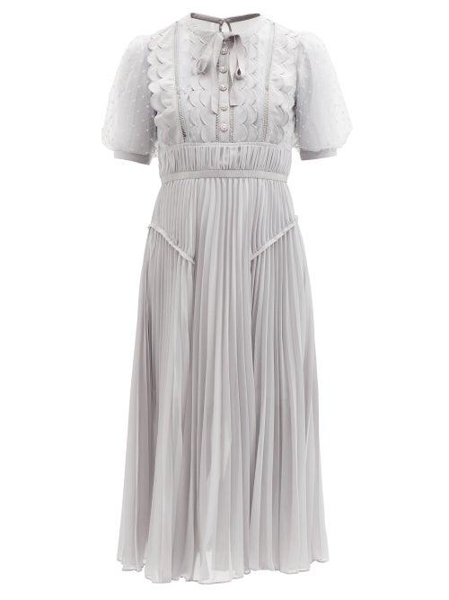 Self-portrait - Scalloped-trim Pleated Chiffon Midi Dress - Womens - Grey