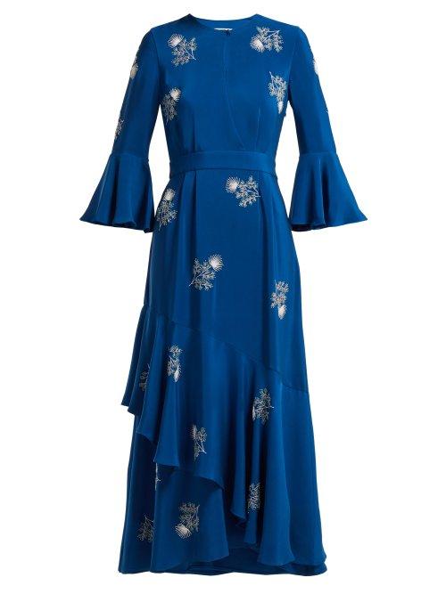 Matchesfashion.com Erdem - Florence Bead Embroidered Silk Dress - Womens - Blue White