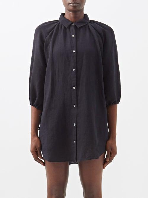 Boteh - La Ponche Gathered-collar Cotton-linen Shirt - Womens - Black