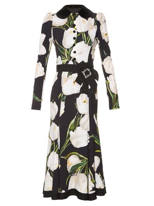 Dolce & Gabbana Velvet-collar Tulip-print Midi Dress