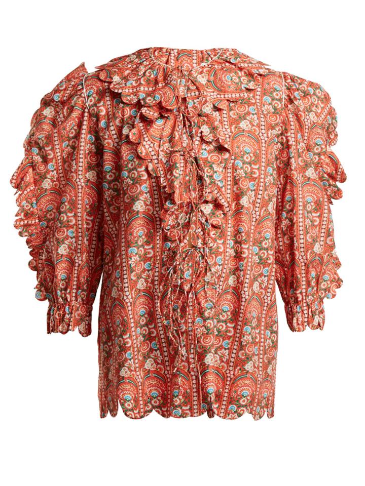 Horror Vacui Floral Scallop-edged Cotton Blouse
