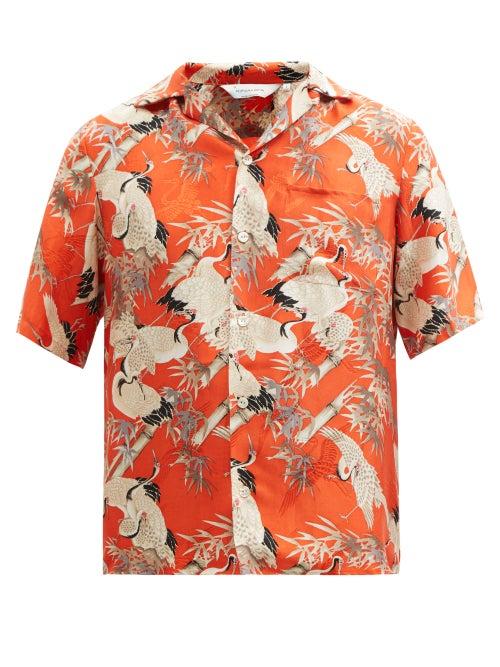 Mens Rtw Nipoaloha - Cranes In The Bamboo Forest-print Silk Shirt - Mens - Red Multi