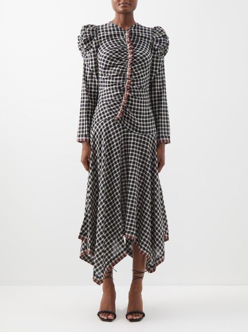 Ulla Johnson - Isobel Gathered Checked Cotton Midi Dress - Womens - Black Grey