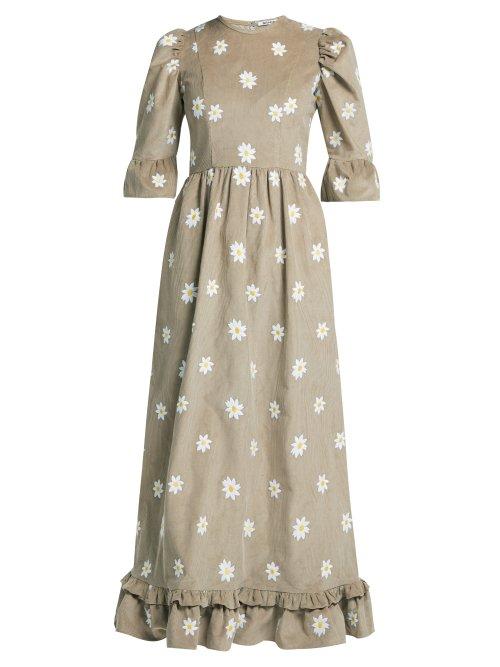 Matchesfashion.com Batsheva - Daisy Embroidered Ruffled Corduroy Dress - Womens - Beige