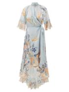 Matchesfashion.com Camilla - Blue Base High-neck Silk Wrap Dress - Womens - Blue Print