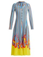 Matchesfashion.com Prada - Flame And Stripe Print Satin Twill Midi Dress - Womens - Blue Stripe