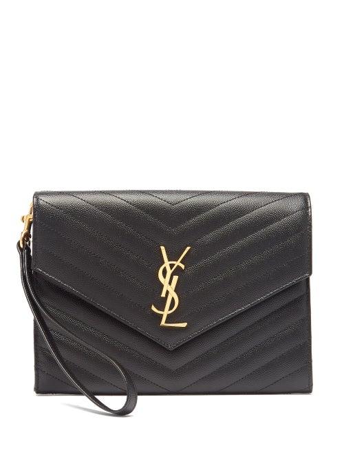 Matchesfashion.com Saint Laurent - Ysl-plaque Grained-leather Wristlet Clutch - Womens - Black
